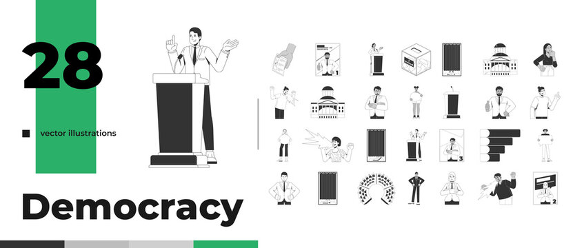 Election voting democracy and political campaign line illustration pack. Diverse voters and candidates. Civic participation. Isolated vector black and white outline characters and objects collection