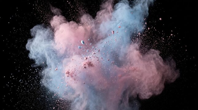 Soft pastel pink and light blue powder explosion on black background with smoke explosion pastel colors color burst dust cloud