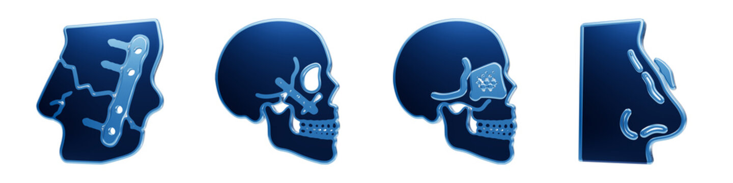 Facial fracture repair and sinus surgery icons depicting plates, screws, and endoscopic procedures
