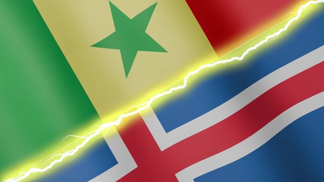 Two waving flags Senegal and Iceland with diagonal lightning seamless, 4k loop