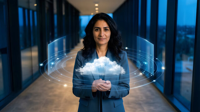 Fictional Middle Eastern woman professional in her early forties with wavy dark hair and a slate-blue suit in a contemporary architectural corridor at blue hour, activating a restrained cloud
