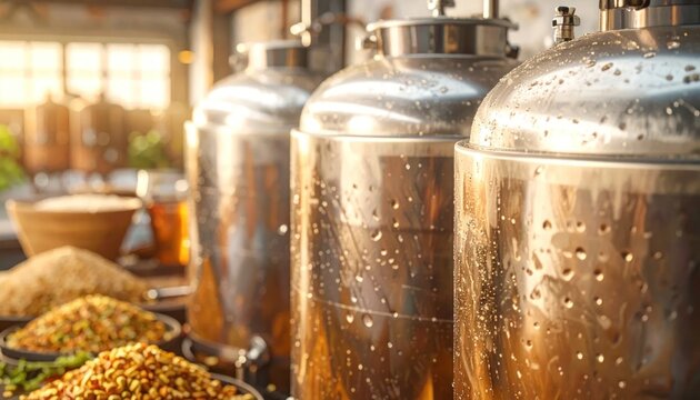 Brewing Process: Stainless Steel Tanks & Grains in Warm Sunlight