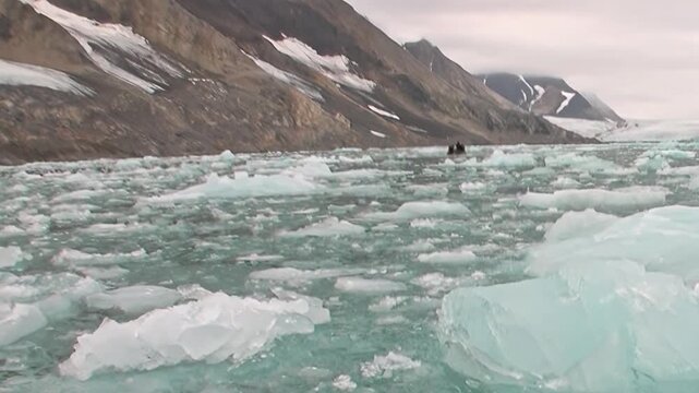 A vessel embarks on an extreme journey across the glistening Arctic Ocean. It pushes through a dense field of brilliant ice, framed by rugged, snow-dusted mountains under a muted sky.