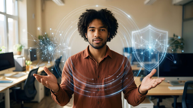 Fictional mixed-ethnicity man professional in his mid twenties with curly hair and a rust overshirt in a sunlit flexible workplace, comparing two well-separated clusters of translucent data with one