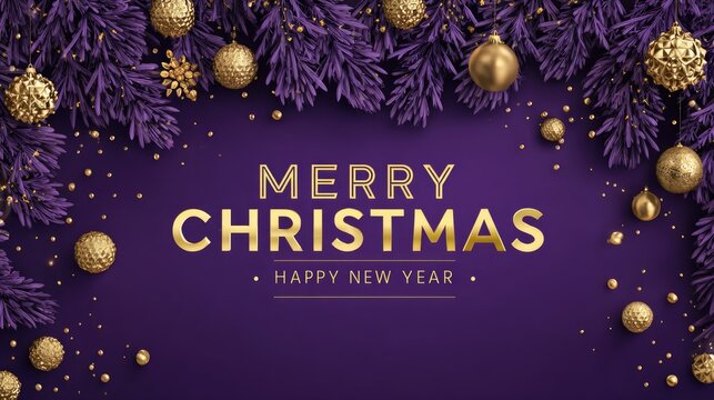 christmas greeting card with purple and golden decoration balls illustration