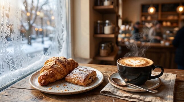 Cozy winter morning in a warm cafe with fresh croissants, steaming latte with heart art, and a frosty window overlooking snowy street