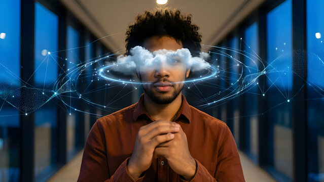 Fictional mixed-ethnicity man professional in his mid twenties with curly hair and a rust overshirt in a contemporary architectural corridor at blue hour, activating a restrained cloud of connected