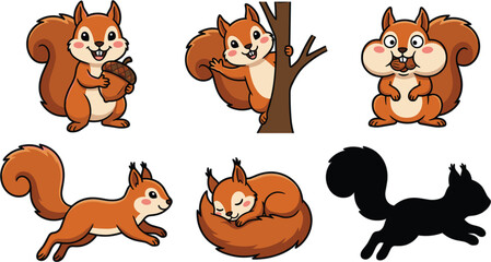 Obraz premium Cute Squirrel Vector Cartoon Illustration Set Featuring Playful Rodents Holding Acorn Climbing Tree Running Sleeping And Black Silhouette For Wildlife Design