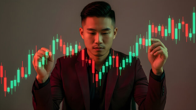 Fictional East Asian nonbinary professional in their late thirties with an undercut and a dark maroon suit assessing market volatility represented by unlabeled red and green candlestick-like luminous