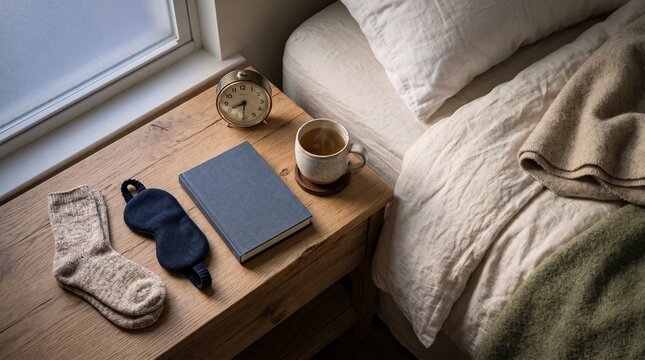 Cozy winter morning scene with a warm mug of tea, a book, sleep mask, socks, and a bed in a rustic bedroom