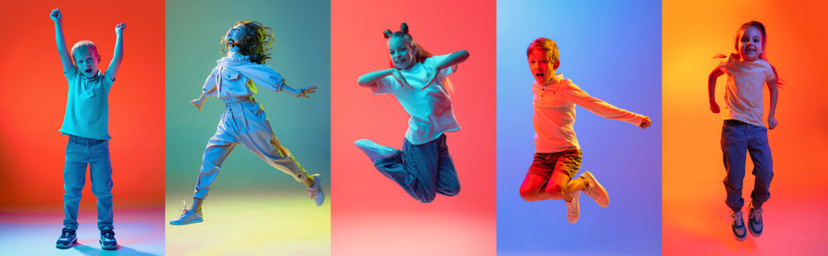 Active teens dance and jump through vivid vertical panels. Concept of student energy, creative freedom, school spirit, social connection, youth lifestyle, and positive education.