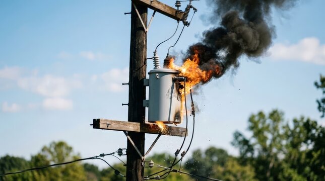 A wooden utility pole features a transformer experiencing an unexpected electric burn with thick black smoke and orange flames billowing into the clear blue sky above leafy trees
