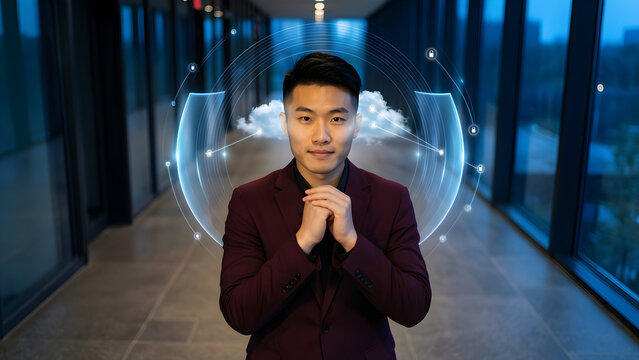 Fictional East Asian nonbinary professional in their late thirties with an undercut and a dark maroon suit in a contemporary architectural corridor at blue hour, activating a restrained cloud