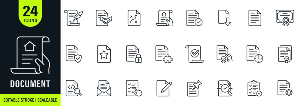 Document icon set. Collection of contracts, certificates, signatures, reports, files and document management line icon editable stroke. Vector illustration.