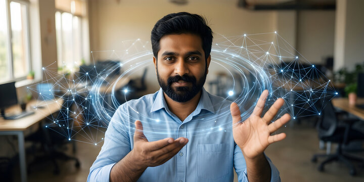 Fictional South Asian man professional in his early forties with a neat beard and a soft blue shirt in a sunlit flexible workplace, comparing two well-separated clusters of translucent data with one