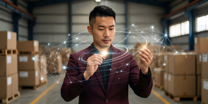 Fictional East Asian nonbinary professional in their late thirties with an undercut and a dark maroon suit in a clean generic logistics facility, inspecting a floating network of supply nodes