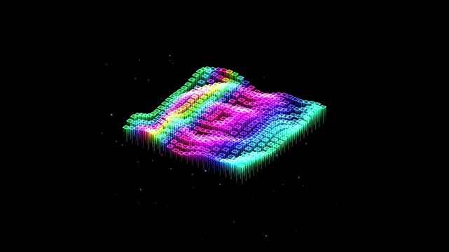 Glowing neon 3D voxel grid animating as a futuristic wave equalizer on black background
