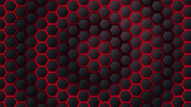 Abstract dark hexagonal background with red glowing light, futuristic technology texture, 3d render of honeycomb pattern