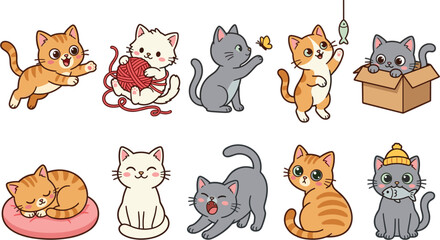 Obraz premium Cute Cartoon Kitten Vector Illustration Set Featuring Playful Cats With Yarn Box Fish Cushion Sleeping And Stretching For Kids Graphics Stickers