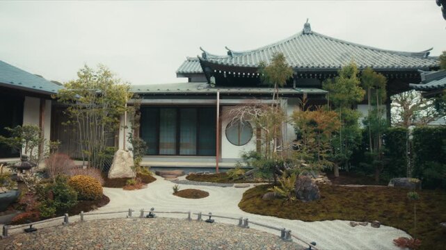 Wide view of the Zen garden at Hasedera temple in Kamakura, Japan, with raked gravel, moss mounds, and a traditional building featuring a circular window.