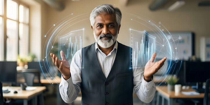 Fictional South Asian man professional in his late sixties with a silver beard and a charcoal waistcoat in a sunlit flexible workplace, comparing two well-separated clusters of translucent data
