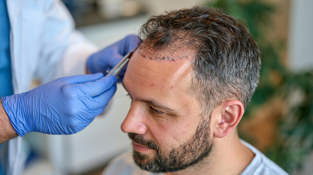 Detailed overhead medical photography of a doctor in blue gloves carefully measuring the patient&rsquo;s forehead and scalp to determine a new hairline, precision measuring device touching the skin, subtl