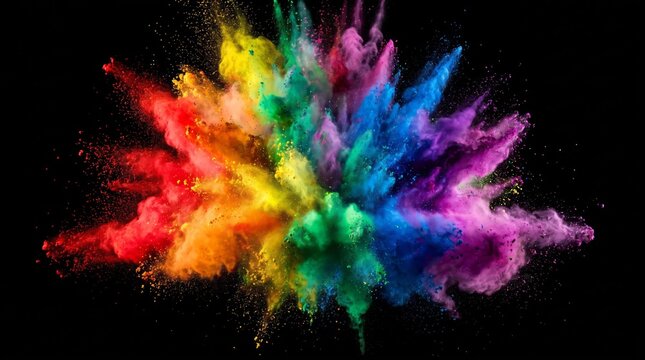 Rainbow color powder explosion bursting outward in a spectrum against a black background with powder burst colorful dust spectrum blast