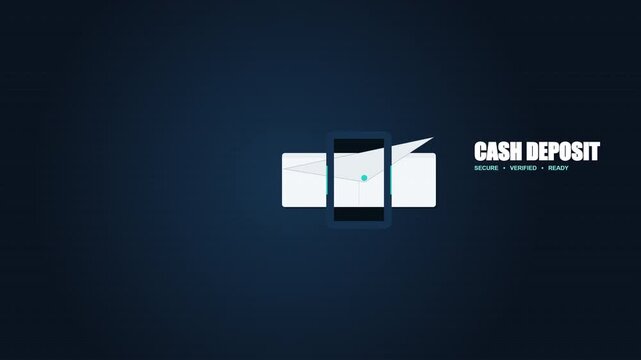 Premium financial service motion graphic showing physical cash entering a secure deposit process and transforming into a verified account confirmation. Seamless loop for banking, fintech, finance, adv