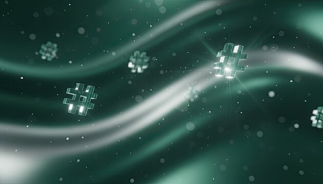 Abstract social media background with glowing 3D hashtag symbols in digital space.