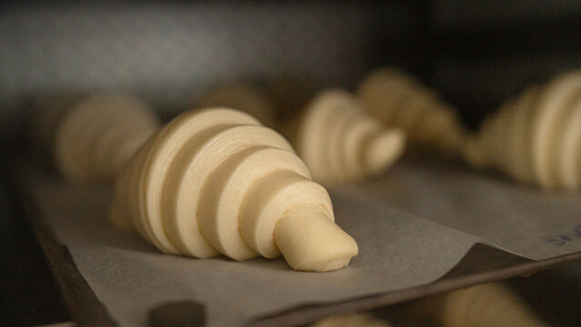 Raw Butter Croissants French Bakery Bread Placed on Baking Tray White Baking Parchment Paper Baked in Restaurant Cafe Oven