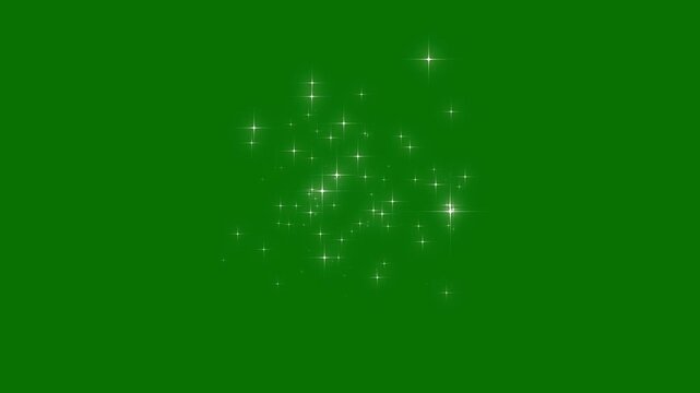 Glitter sparkle star twinkle animation motion graphics, glowing stars with blinking shine rays and magical glitter light effects, white twinkling particles animation on green background. 4k