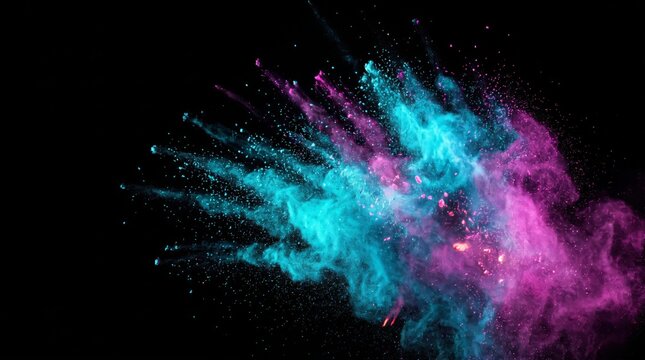 Cyan and magenta powder explosion burst isolated on dark background with color burst dust explosion color cloud neon powder explosion
