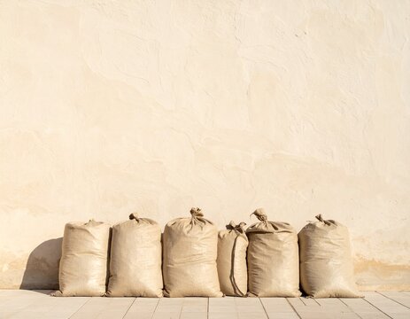Row of plain sandbags stacked as a low flood barrier against a warm wall