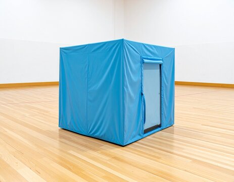 Blue privacy tent for an evacuation shelter standing on a wooden floor