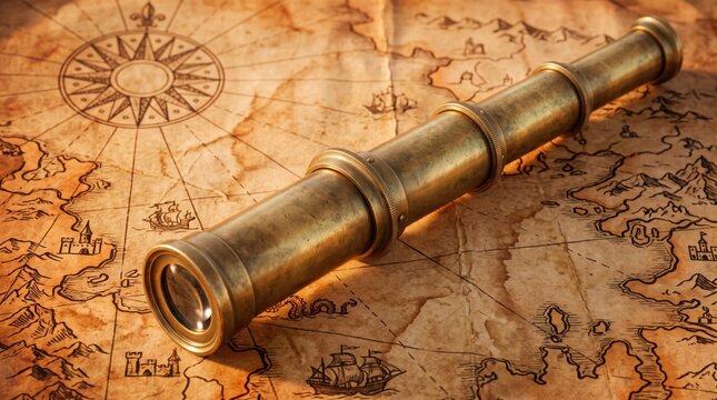 Overhead Flat Lay of a Brass Compass, Ship Dividers, and Antique Map