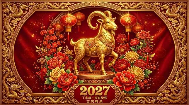 Celebrating the year of the goat a golden new year's greeting for 2027 wishing prosperity and joy to all