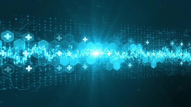 Futuristic medical technology background with glowing blue hexagonal data structures, circuit board patterns, and floating plus signs, symbolizing advanced healthcare digital innovation