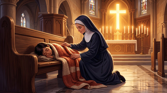 Caring Catholic nun kneeling beside sleeping homeless boy covered with warm blanket on church wooden pew stock illustration&mdash;featuring a compassionate sister in habit tucking in a poor child taking she