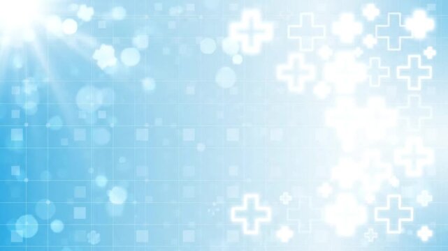 Abstract medical background with glowing white plus signs and digital grid pattern, representing healthcare technology, science, and data connectivity in a bright blue environment