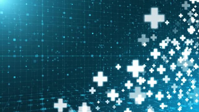 Abstract healthcare background featuring a dark blue digital grid with floating white plus signs, representing medical data, network connectivity, and modern clinical technology