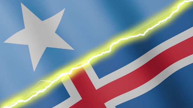 Two waving flags Somalia and Iceland with diagonal lightning seamless, 4k loop