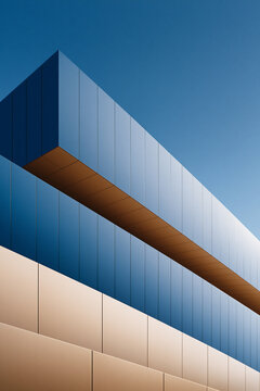 contemporary architectural detail against clear blue sky, modern minimalist futuristic architecture with blue summer sky, sleek geometric building facade in bright sunny daylight