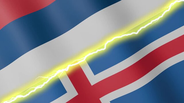 Two waving flags Serbia and Iceland with diagonal lightning seamless, 4k loop
