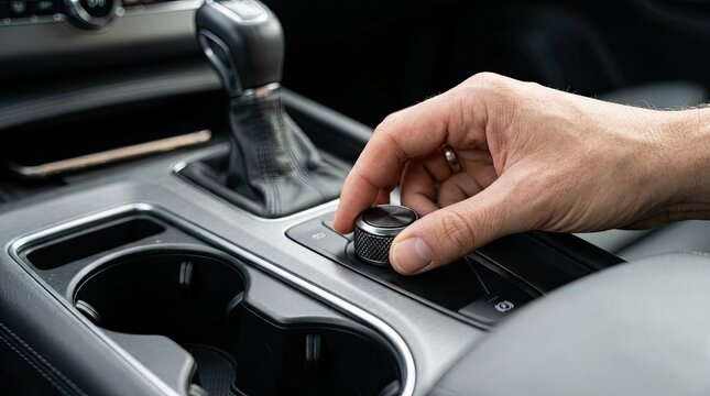 Driver using the drive mode selector dial in a modern luxury car interior