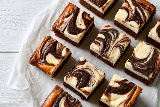 Freshly baked cream cheese marble brownies arranged in rows on paper
