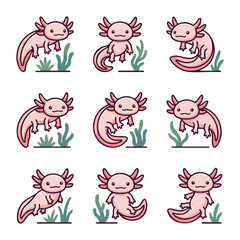 Obraz premium Cute axolotl collection various poses cartoon style