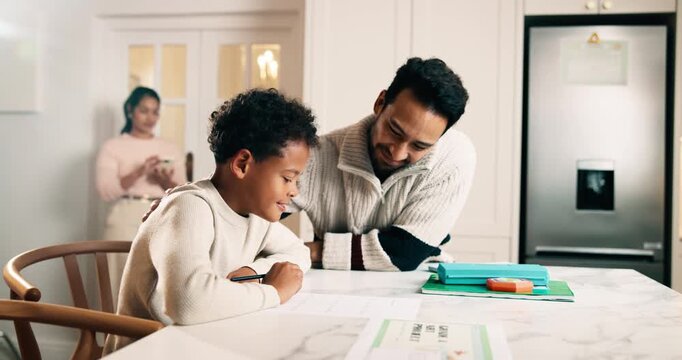 Happy, dad and kid with high five for homework, correct quiz answer and well done for learning goals. Man, son and talk in family home with celebration, education or father proud of intelligent child