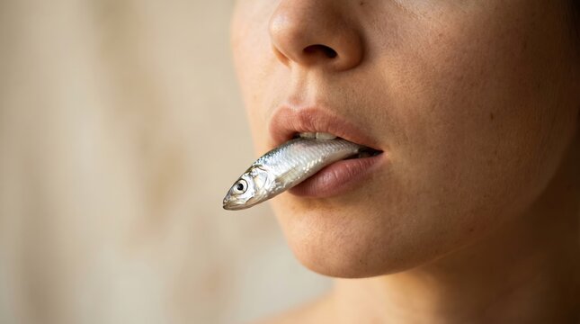 Close-up of a woman with parted lips holding a fish in her mouth