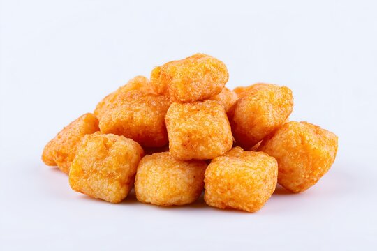 Crispy golden fried tater tots piled up on a white background
