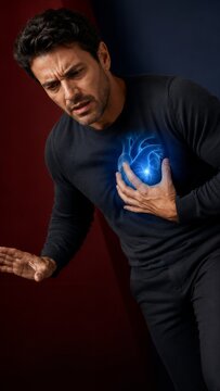 Man experiencing chest pain with glowing heart illustration. Medical emergency concept of heart attack or cardiac arrest. Health crisis with visible pain